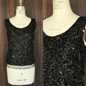 Vintage 1960s Sweater Top, Volup Orbach's Black Wool Beaded and Sequined Vest
